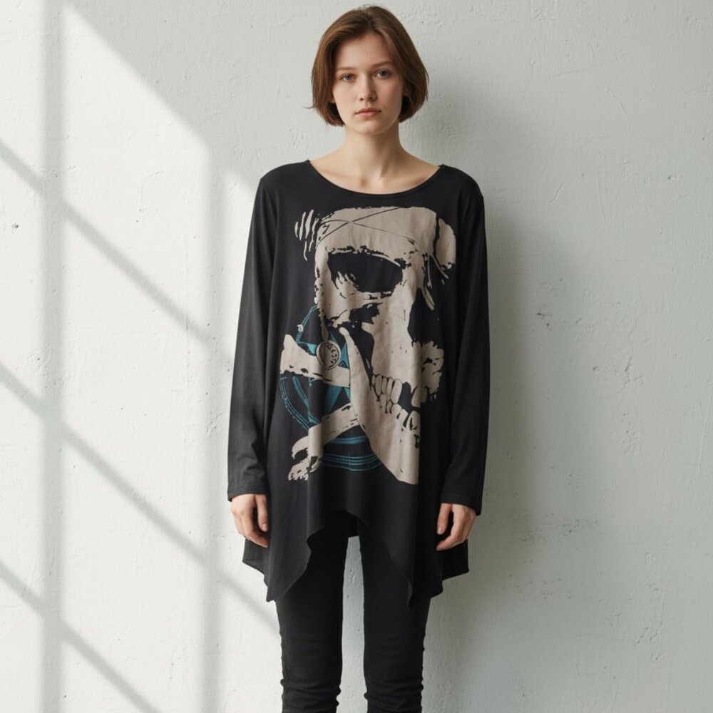 Allegra K Black Tunic Top Skull Design Asymmetric Hem S - Picture 2 of 3